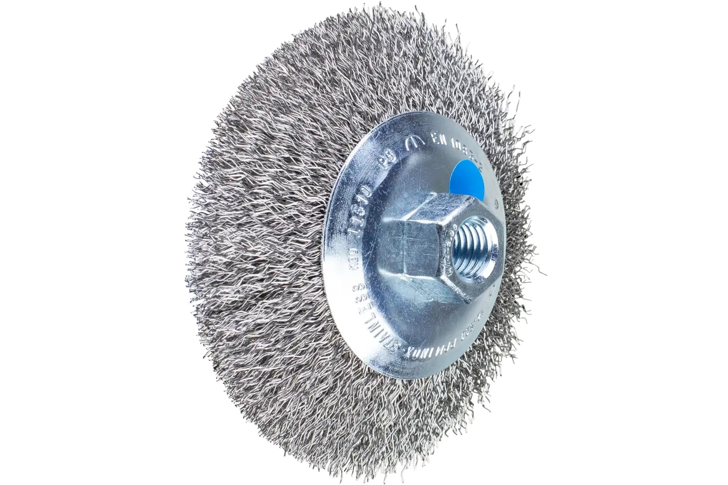 Picture of Pferd Crimped Wire Bevel Brush 4-1/2" Dia. .014 Stainless Steel 5/8-11" Thread